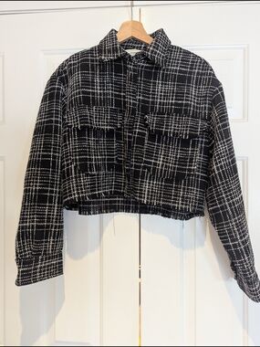 H&M Womens Tweed Style Black & White Plaid Cropped Raw Edge Jacket S